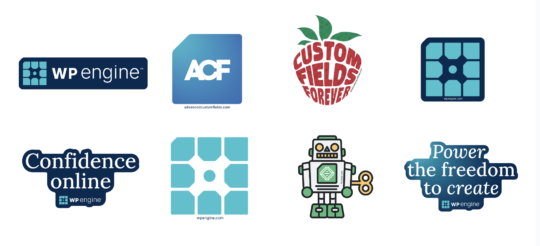 images of stickers and temporary tattoos available at the WP Engine booth at WCEU. Images include the WP Engine logo, a strawberry-shaped icon that reads "Custom Fields Forever," the Local robot, and more.